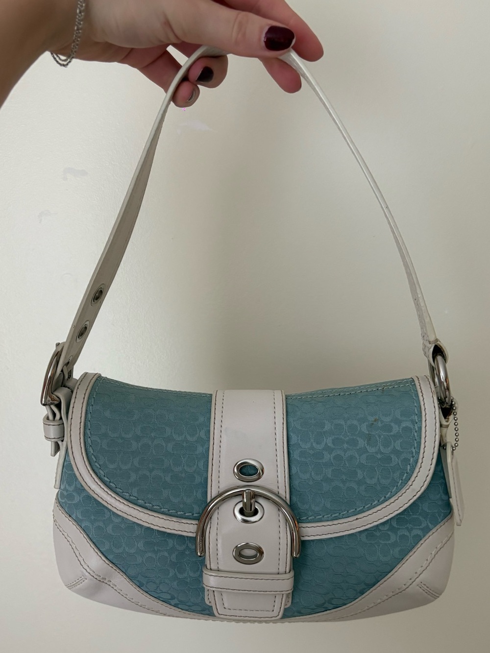 Rare Coach Blue and White Signature Jacquard SoHo Flap Shoulder Bag
